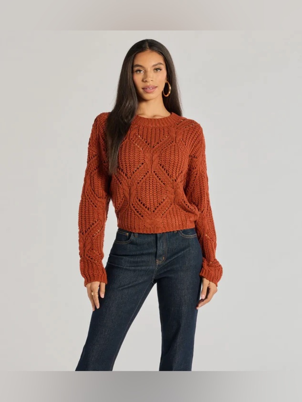 Windsor Rust Cable Open-Stitch Crewneck Sweater